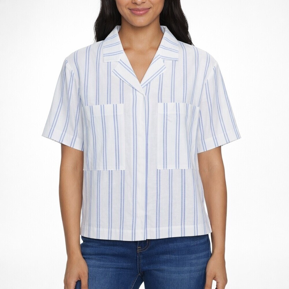Buffalo David Bitton Women's Blouse Size M Linen Blend Coastal Stripe a2079 - Picture 1 of 9